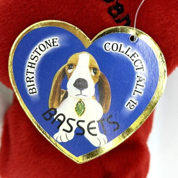 Birthstone Bassets January Red Plush Dog Pearl Necklace Red Stone Stuffed Animal - Picture 11 of 12